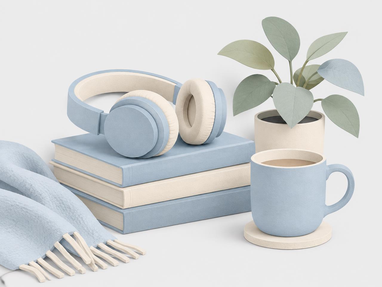 Headphones resting on a stack of books beside a mug and plant